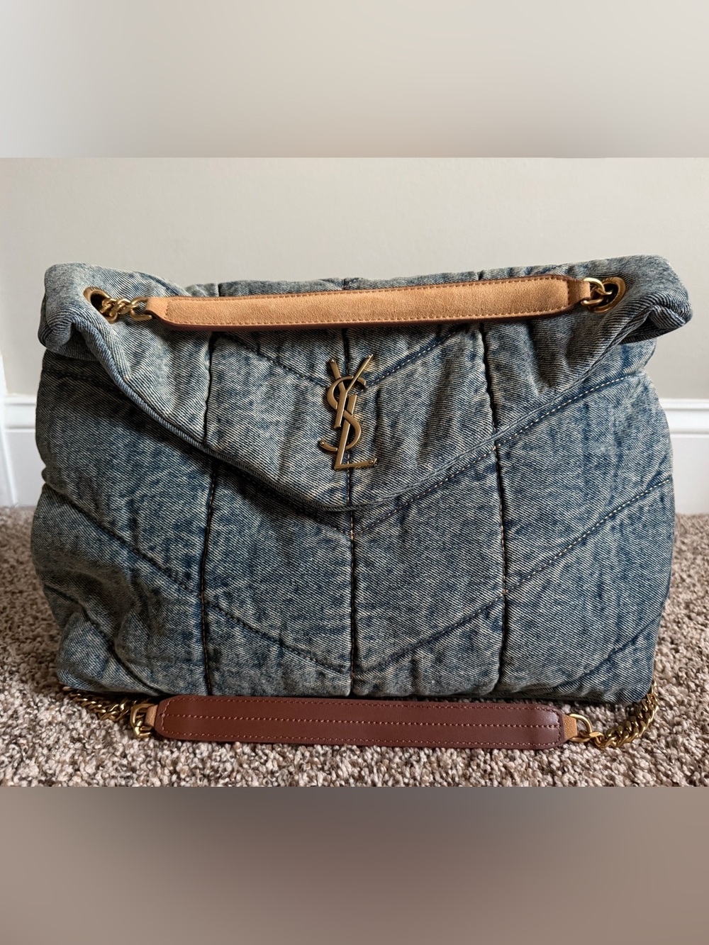 Yves Saint Laurent Quilted Denim Shoulder Bag with Gold Logo and Brown Trim - Picture 1 of 6